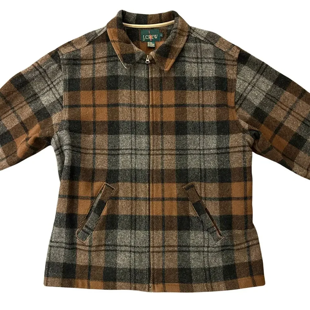 Vintage J.Crew Wool Plaid Zip Jacket Brown Gray Made in USA Mens L Unisex